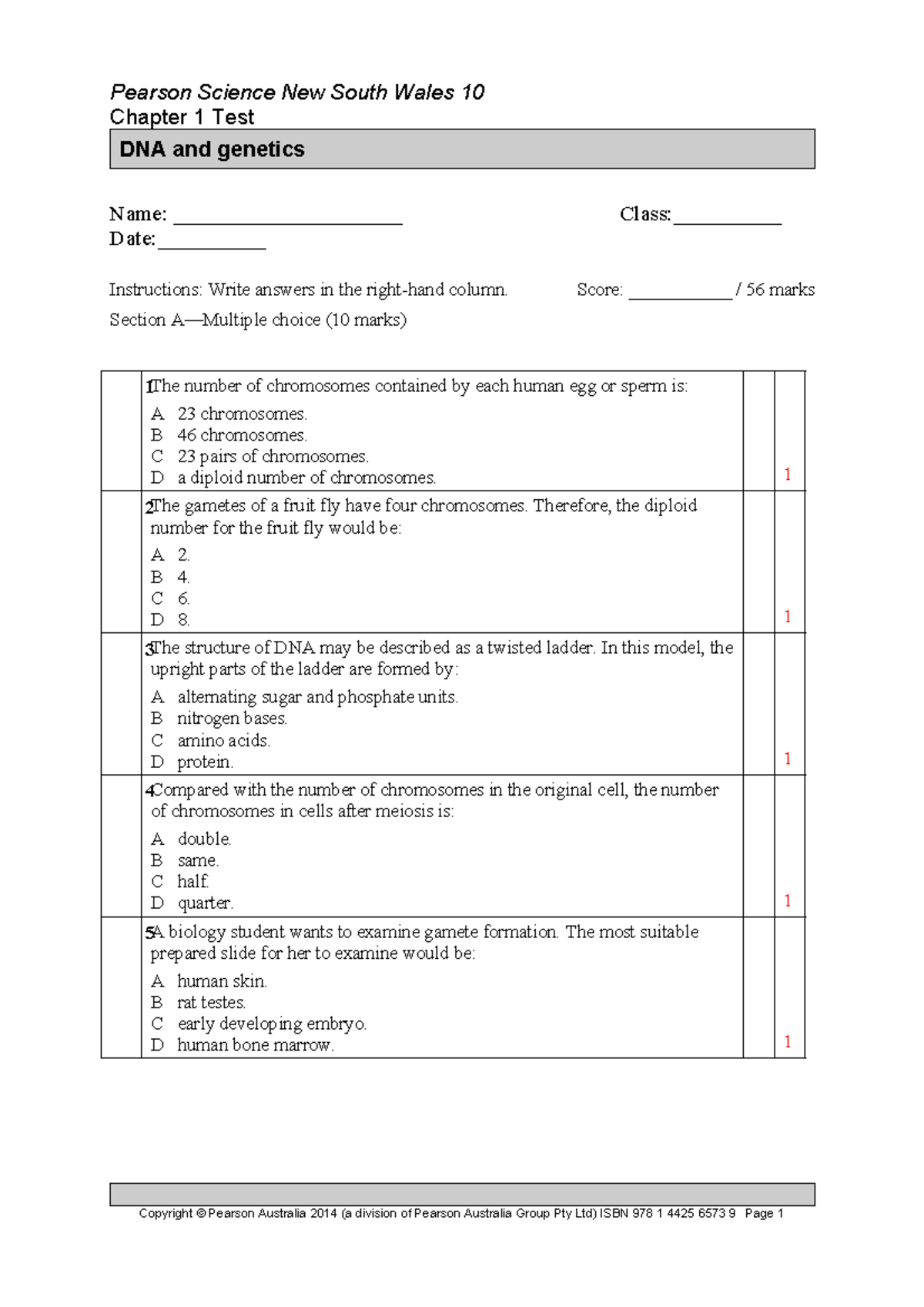 Genetics Qs - yur - Chapter 1 Test DNA and genetics Name ...