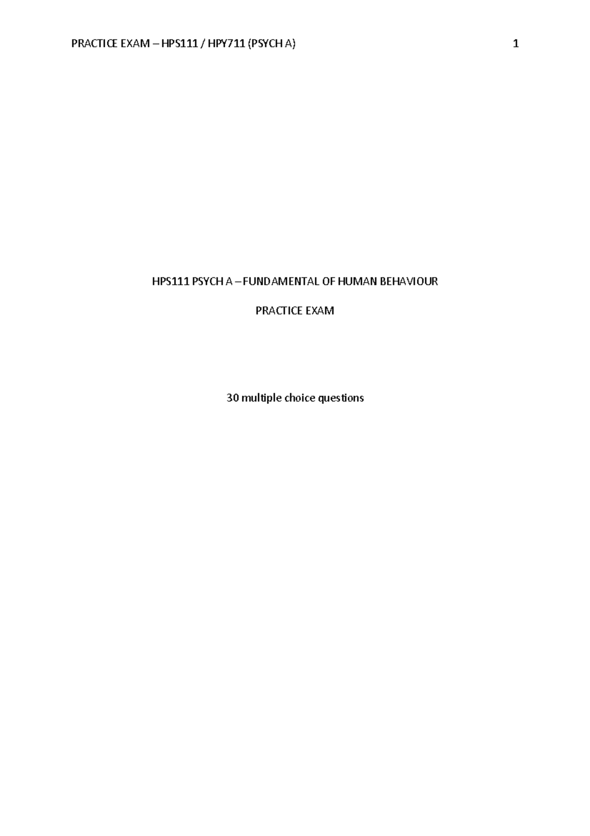 PRACTICE EXAM HPY711 (PSYCH A) FUNDAMENTALS OF HUMAN BEHAVIOUR - Studocu