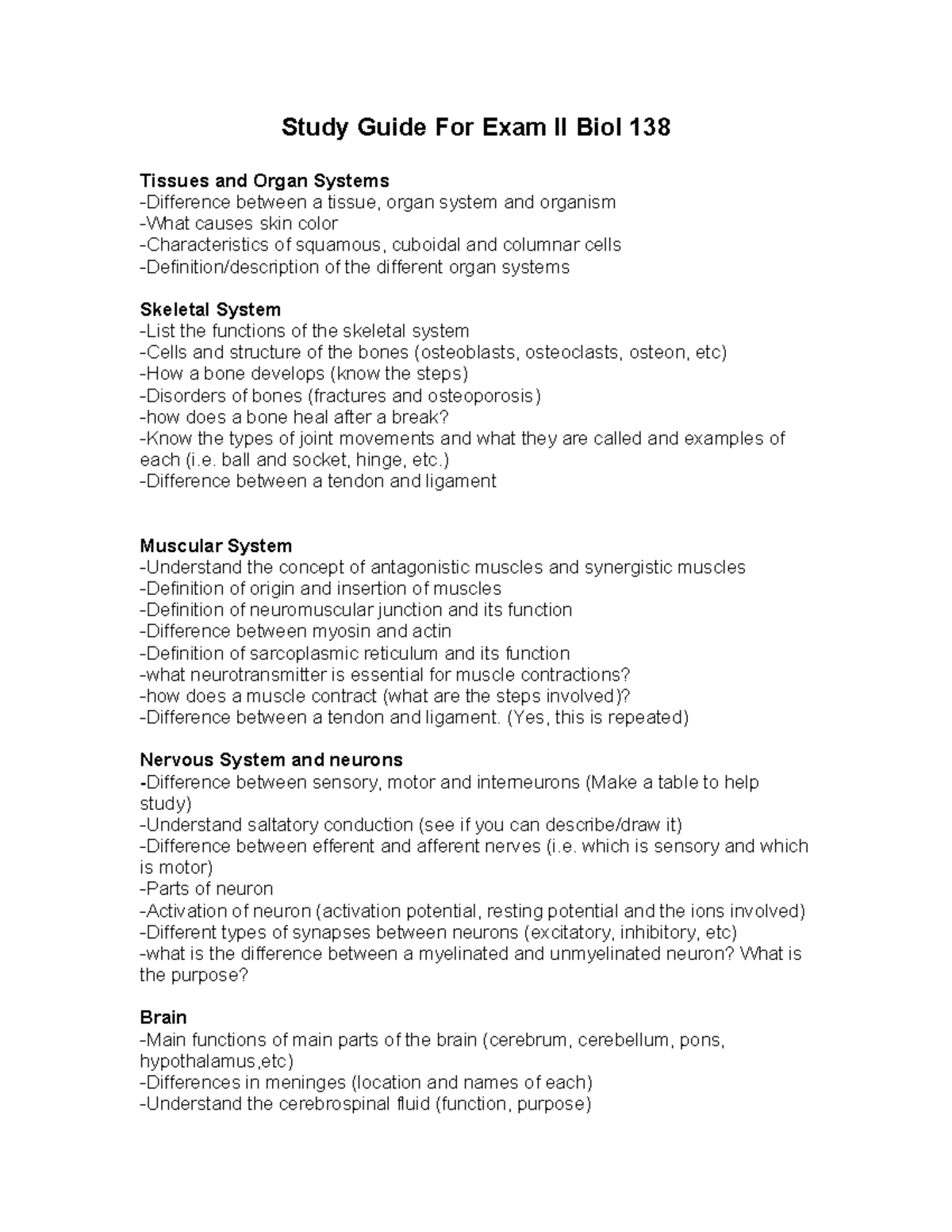 Study Guide for Exam II - Biol 138: Tissues & Organ Systems Overview ...