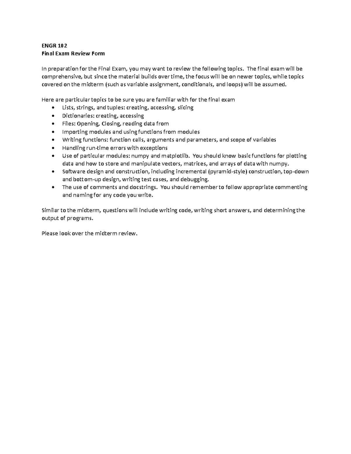 Final Exam Review Guide for ENGR 102: Key Topics and Code Examples ...
