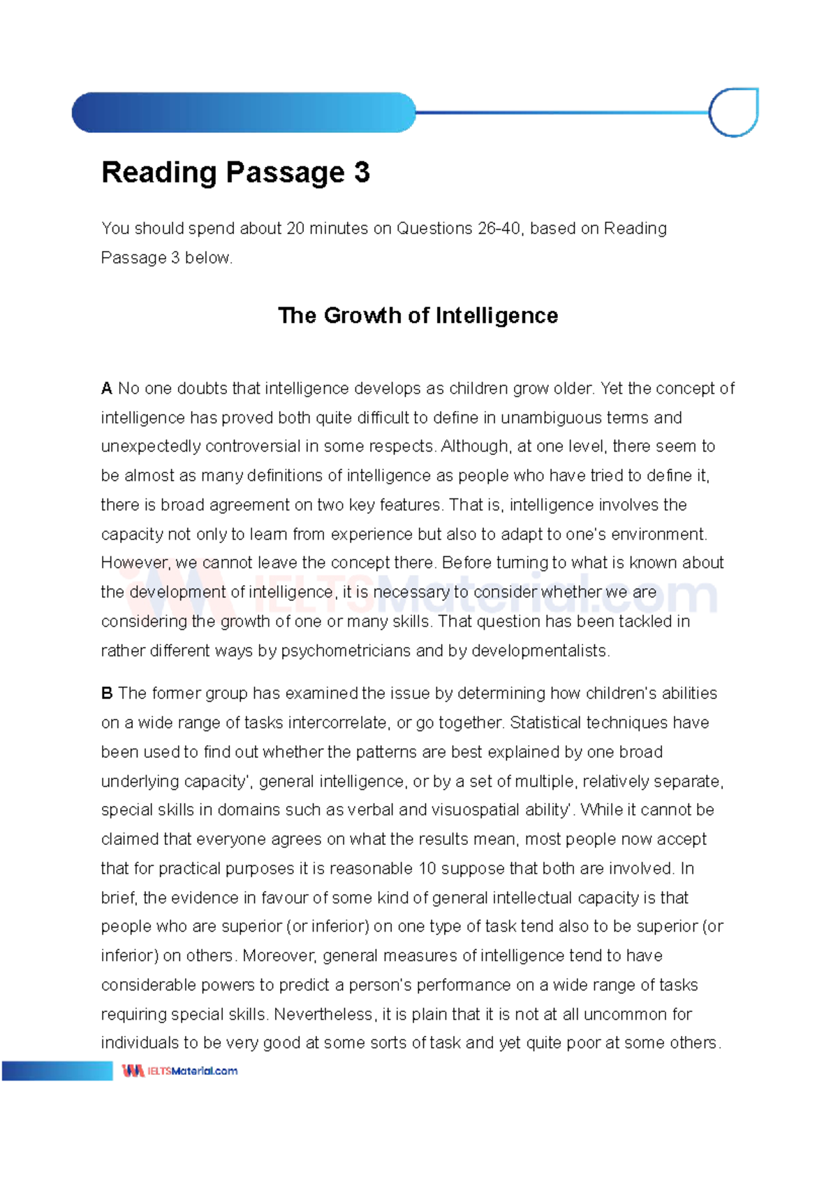 The Growth of Intelligence: Insights from Reading Passage 3 - Studocu