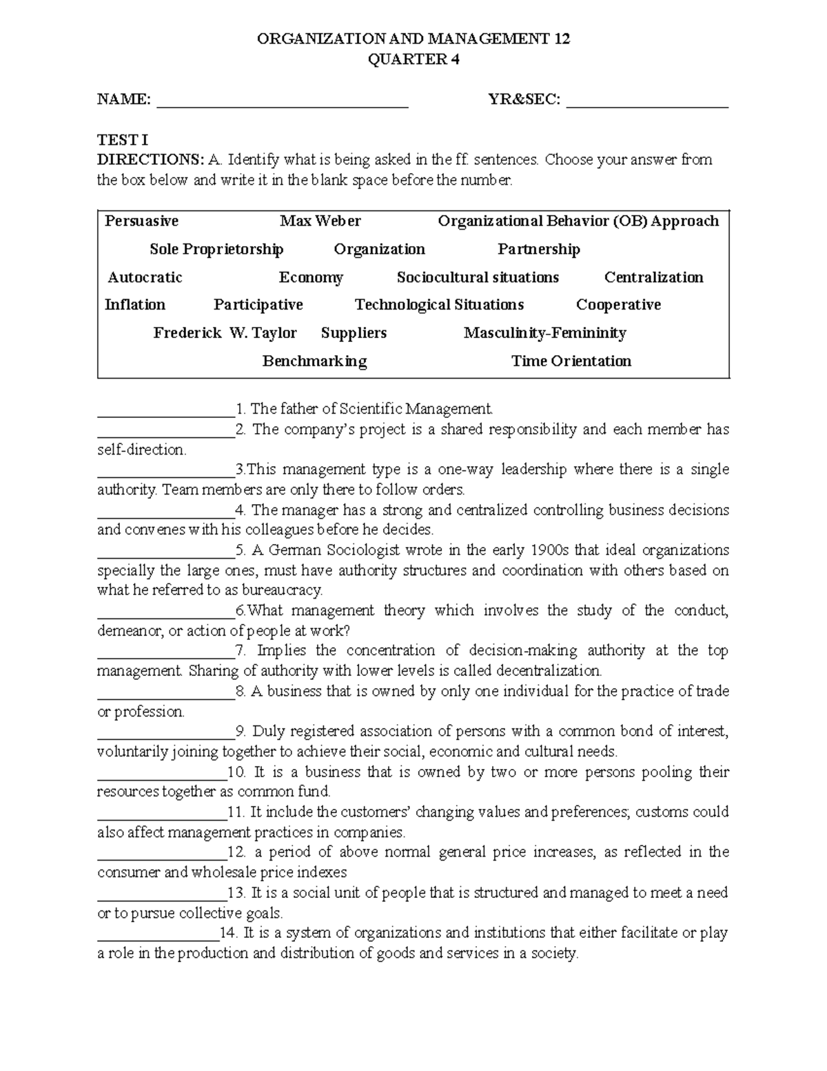 Organization AND Management 12 - ORGANIZATION AND MANAGEMENT 12 QUARTER ...