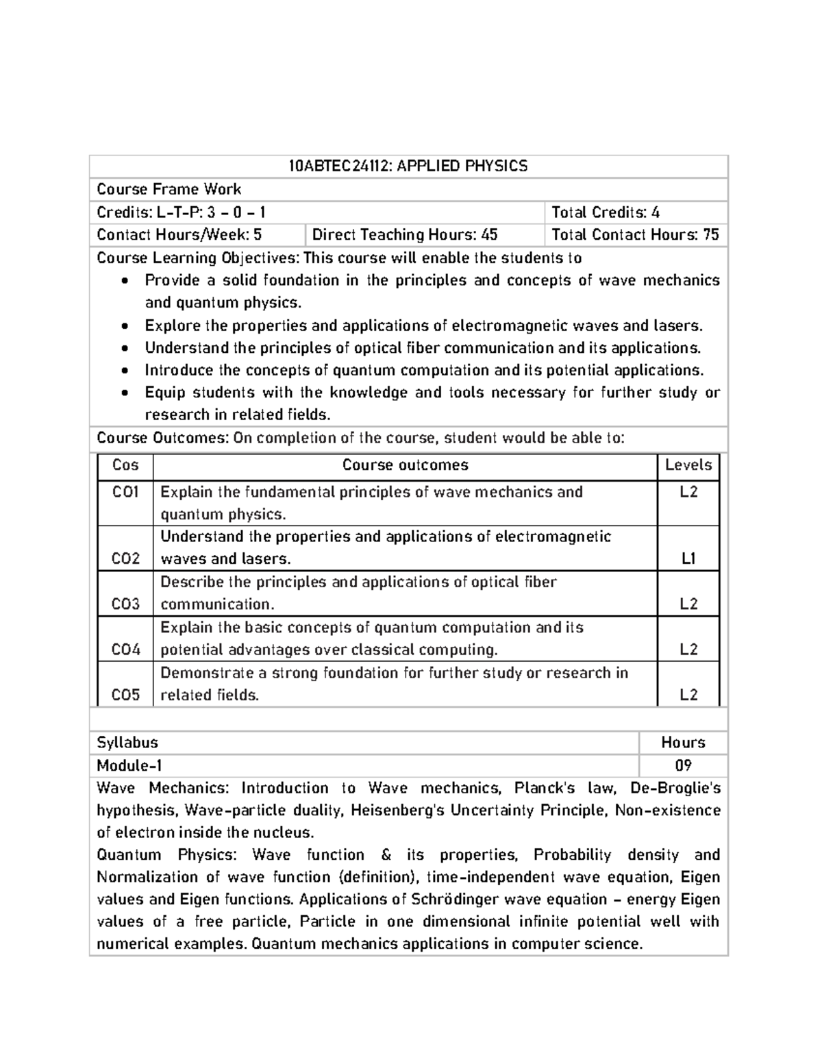 Applied Physics 10ABTEC24112: Course Overview & Syllabus 2024 - Studocu