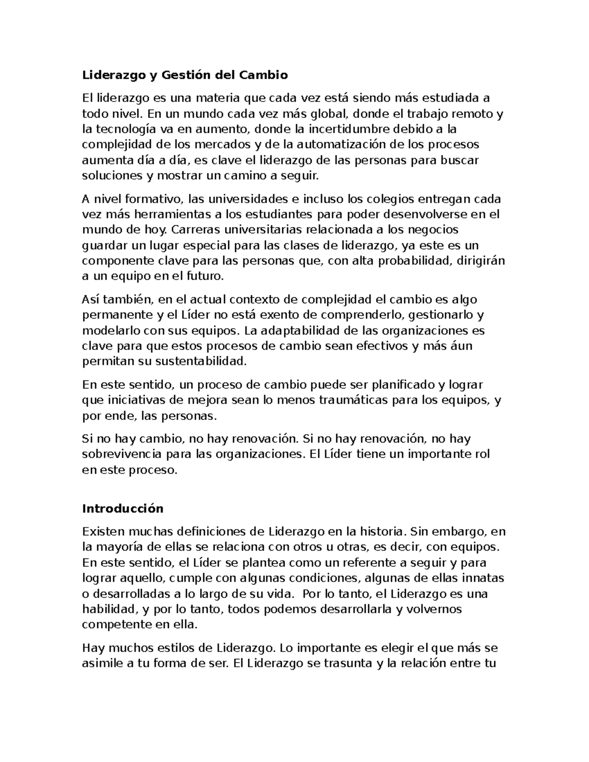 Liderazgo y Gestión del Cambio - Liderazgo y Gestión del Cambio El ...