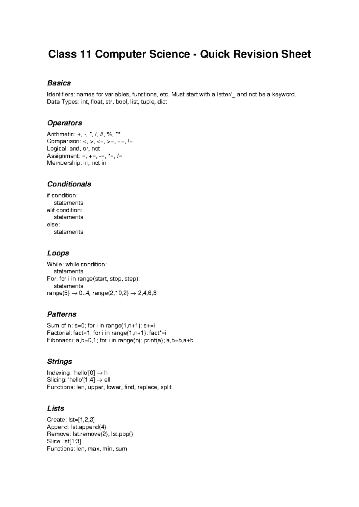 Class 11 CS Quick Revision Sheet: Key Concepts & Functions - Studocu