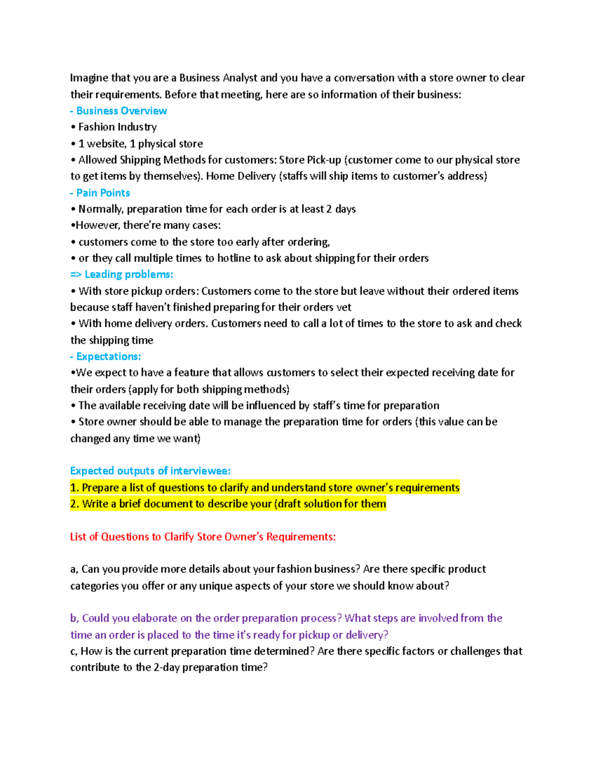Case Study - BA: Analyzing Order Prep Process in Fashion Retail - Studocu