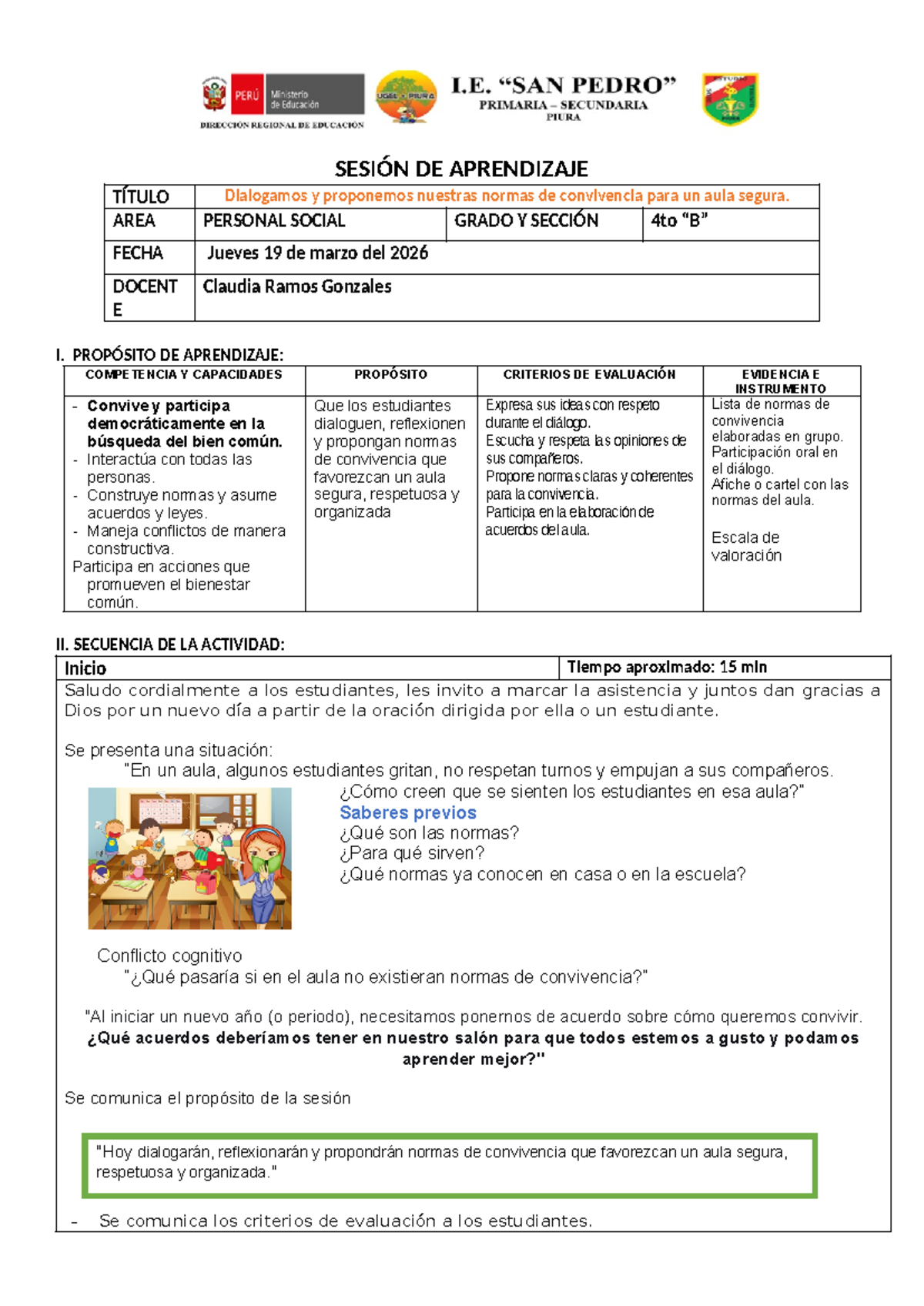 SESION DE APRENDIZAJE: Normas de Convivencia en Aula Segura - 4to I ...