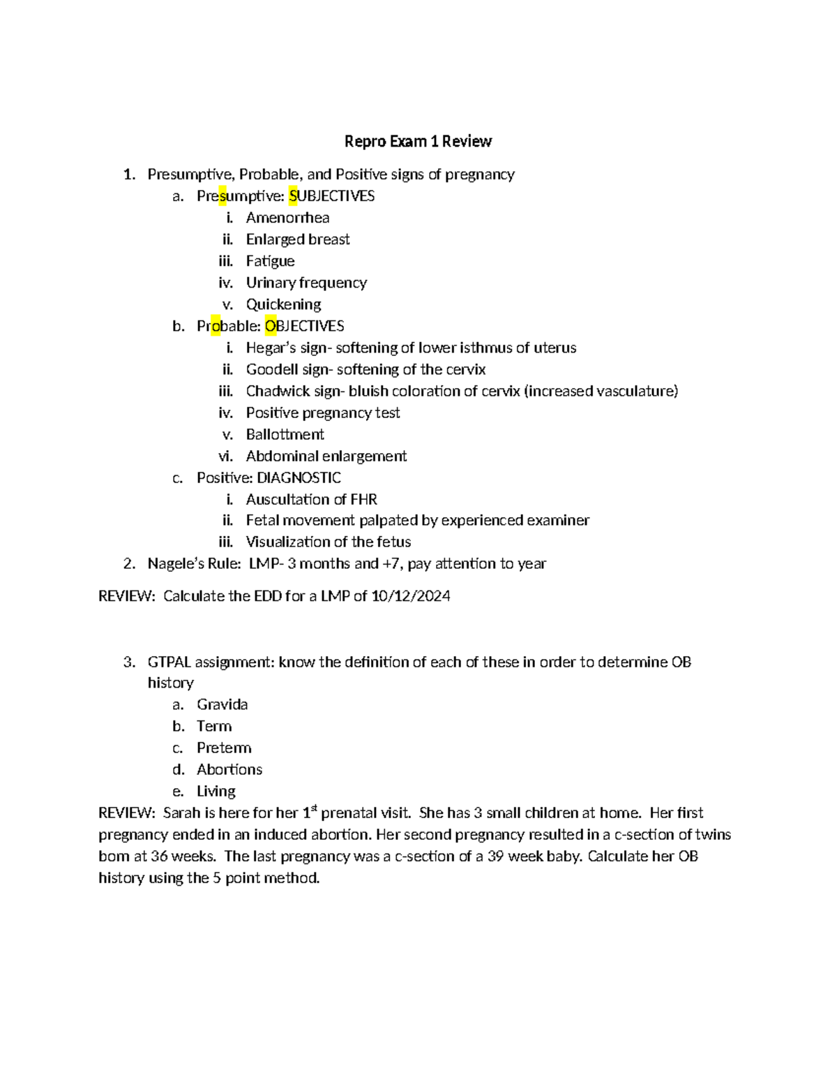 Repro 101: Exam 1 Review on Pregnancy Signs & Assessments - Studocu