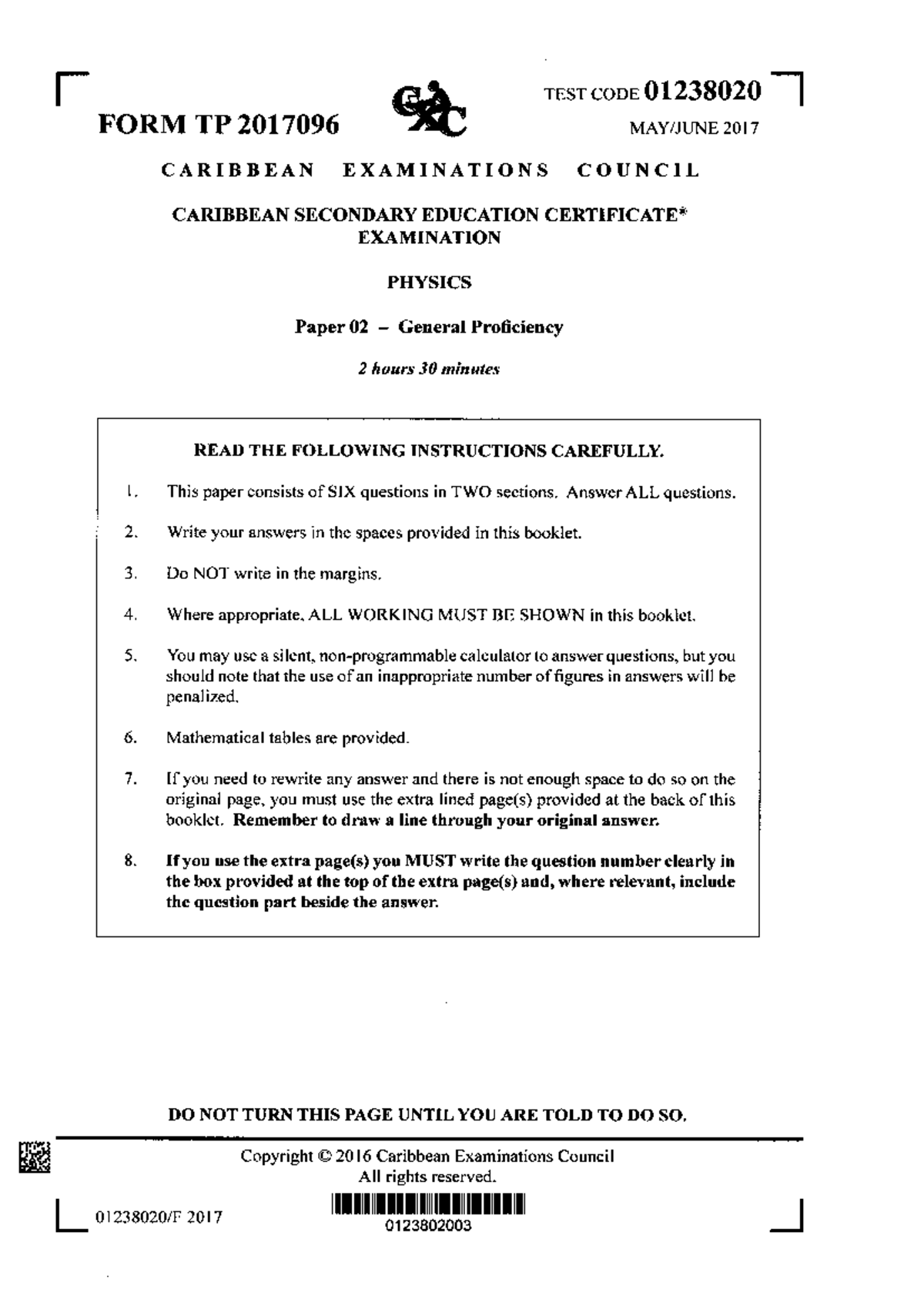 CSEC Physics 2017 Paper 02 Exam - General Proficiency - Studocu