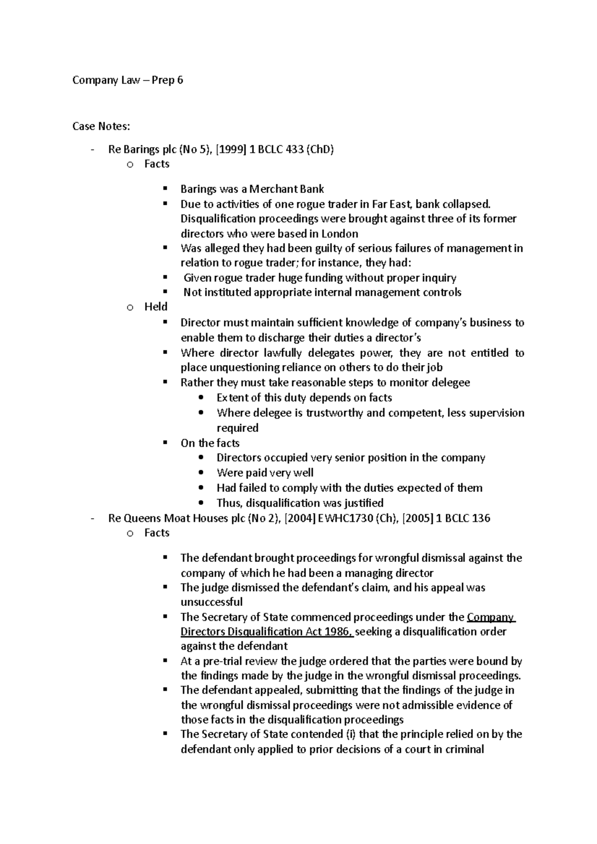 Company Law - Prep 6 - Week 6 Case Analysis and Key Principles - Studocu