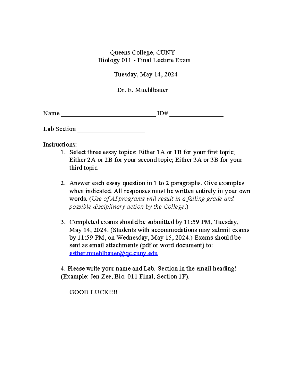 BIO 011 Final Exam Guide Spring 2024 - Essay Topics and Instructions ...