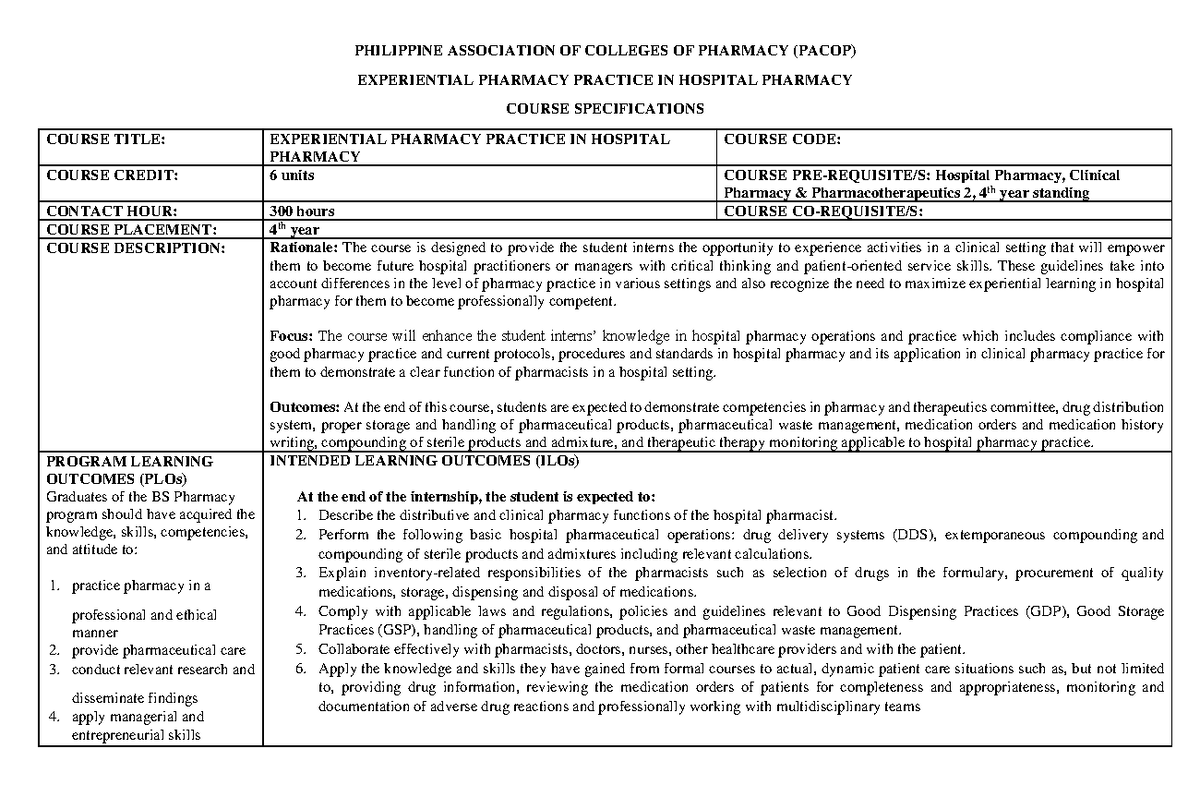 PACOP EPP Course Plan: Experiential Pharmacy Practice in Hospital ...