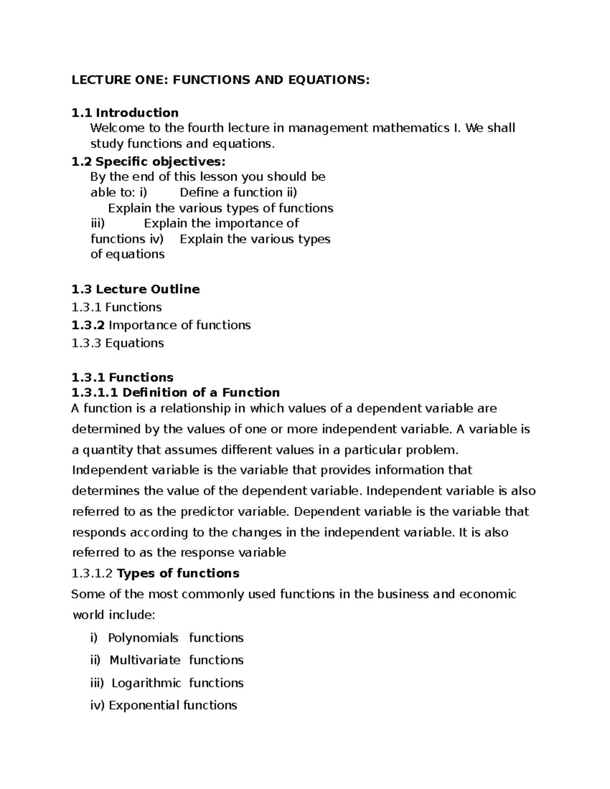 Management Mathematics LEC 4: Functions and Equations Overview - Studocu