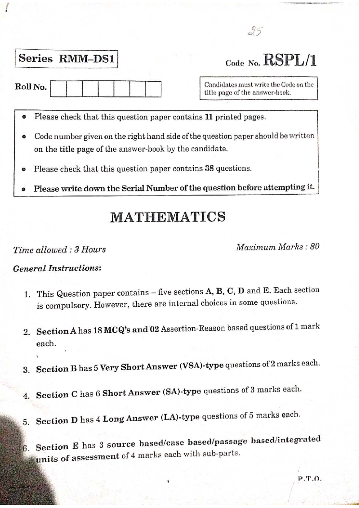 MATHEMATICS RSPL Paper 2025 - Question Paper Set 1 - Studocu