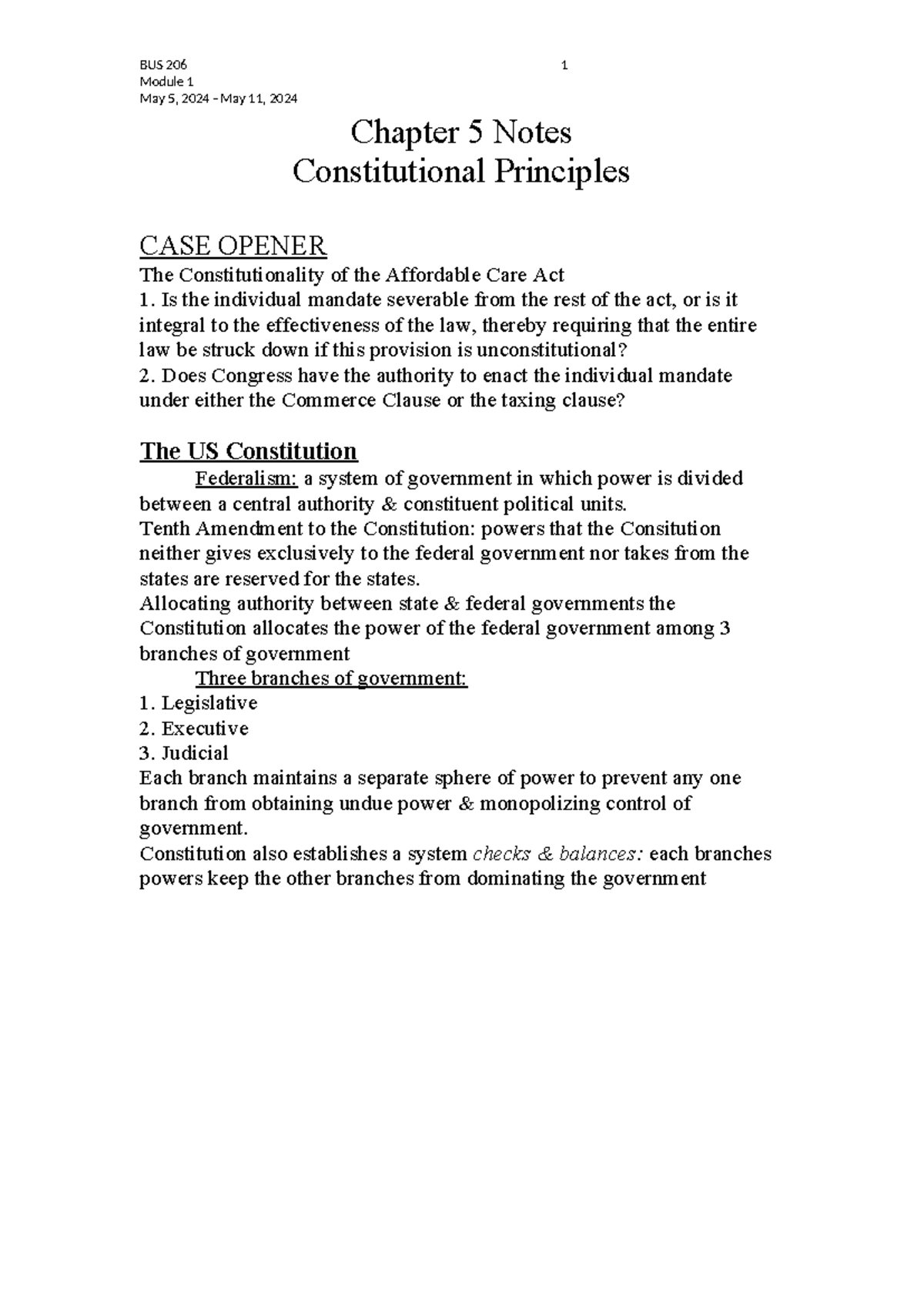 Chapter 5 Notes: Constitutional Principles (LAW 101) - Guide to Key ...