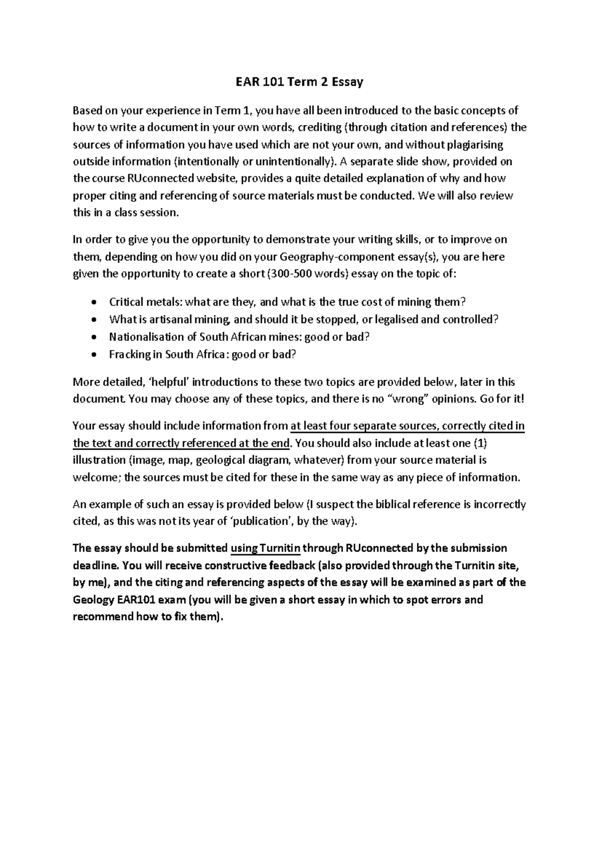 EAR 101 Term 2 Essay: Exploring Critical Metals and Mining Issues - Studocu
