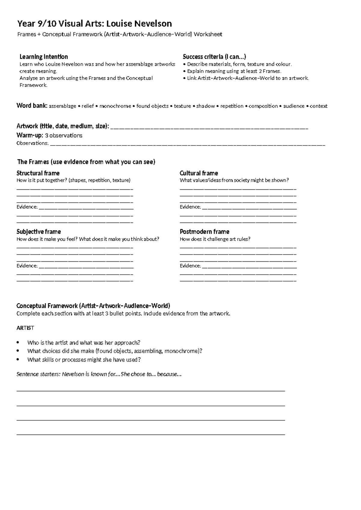 Year 9 Visual Arts: Louise Nevelson Conceptual Framework Worksheet ...