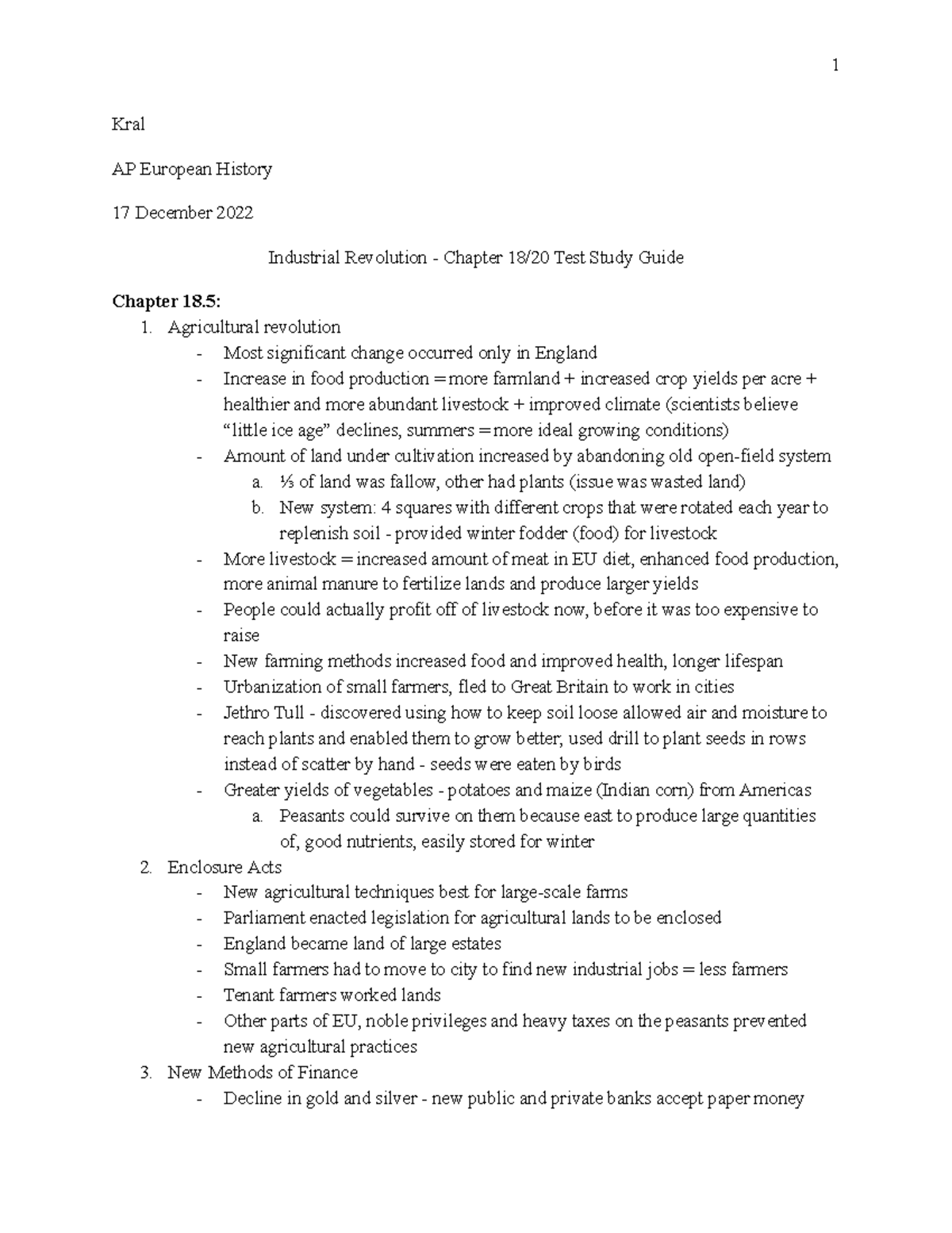 Industrial Revolution - Chapter 18 20 Test Study Guide AP Euro - Kral ...