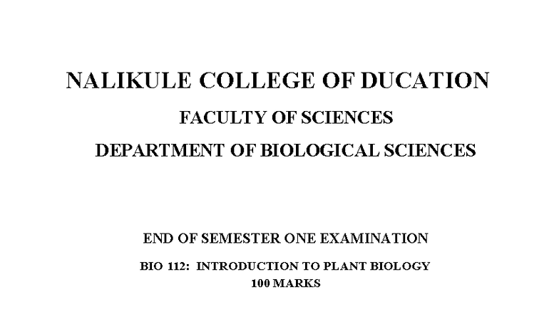 BIO 112: End of Semester Exam - Introduction to Plant Biology - Studocu