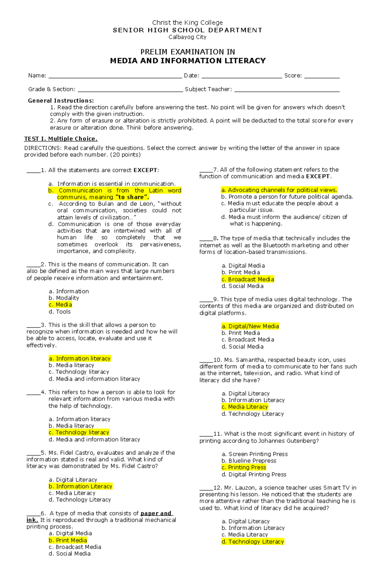 MEDIA INFORMATION LITERACY ( Prelim EXAM) - Name ...
