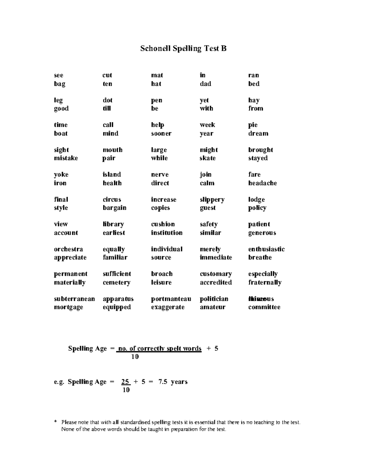 Schonell Spelling Test B: Guidelines and Word List - Studocu