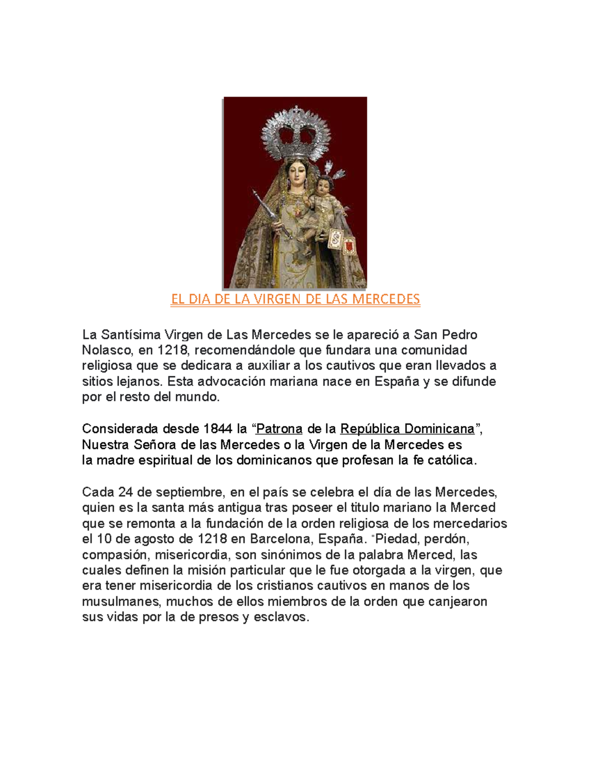 La Celebración del Día de la Virgen de Las Mercedes en RD - Studocu