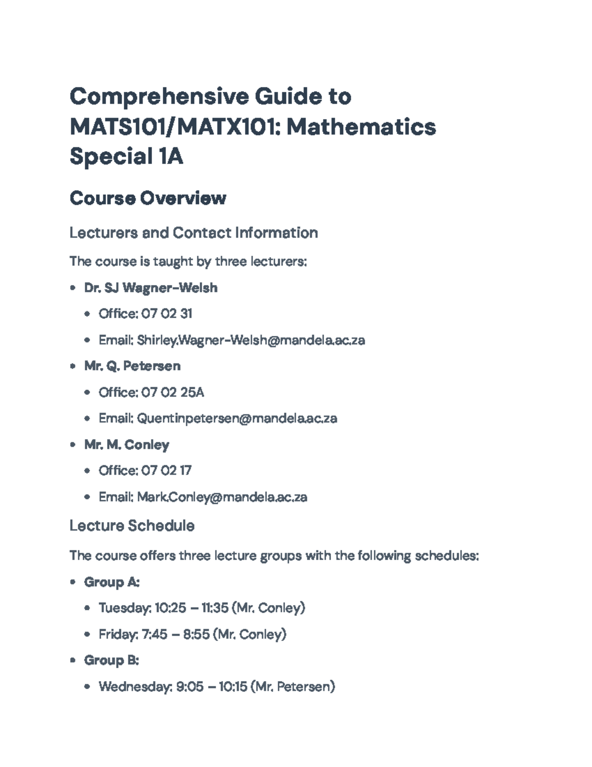 Comprehensive Overview of MATS101/MATX101 Mathematics Course ...
