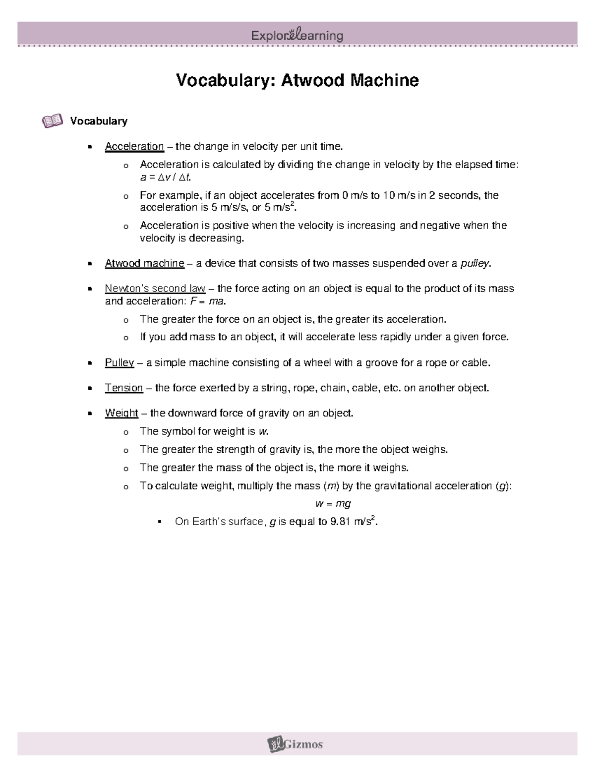 Atwood Machine Vocabulary: Key Terms and Definitions - Studocu
