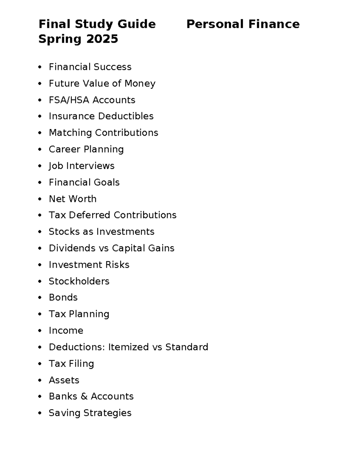 Final Study Guide for Personal Finance (FINS 101) Spring 2025 - Final ...