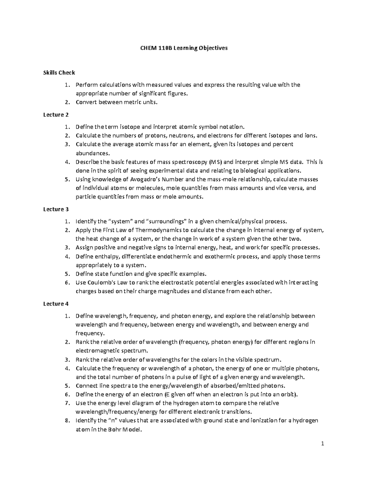 CHEM 110 Final Exam Study Guide: Learning Objectives & Lectures - Studocu