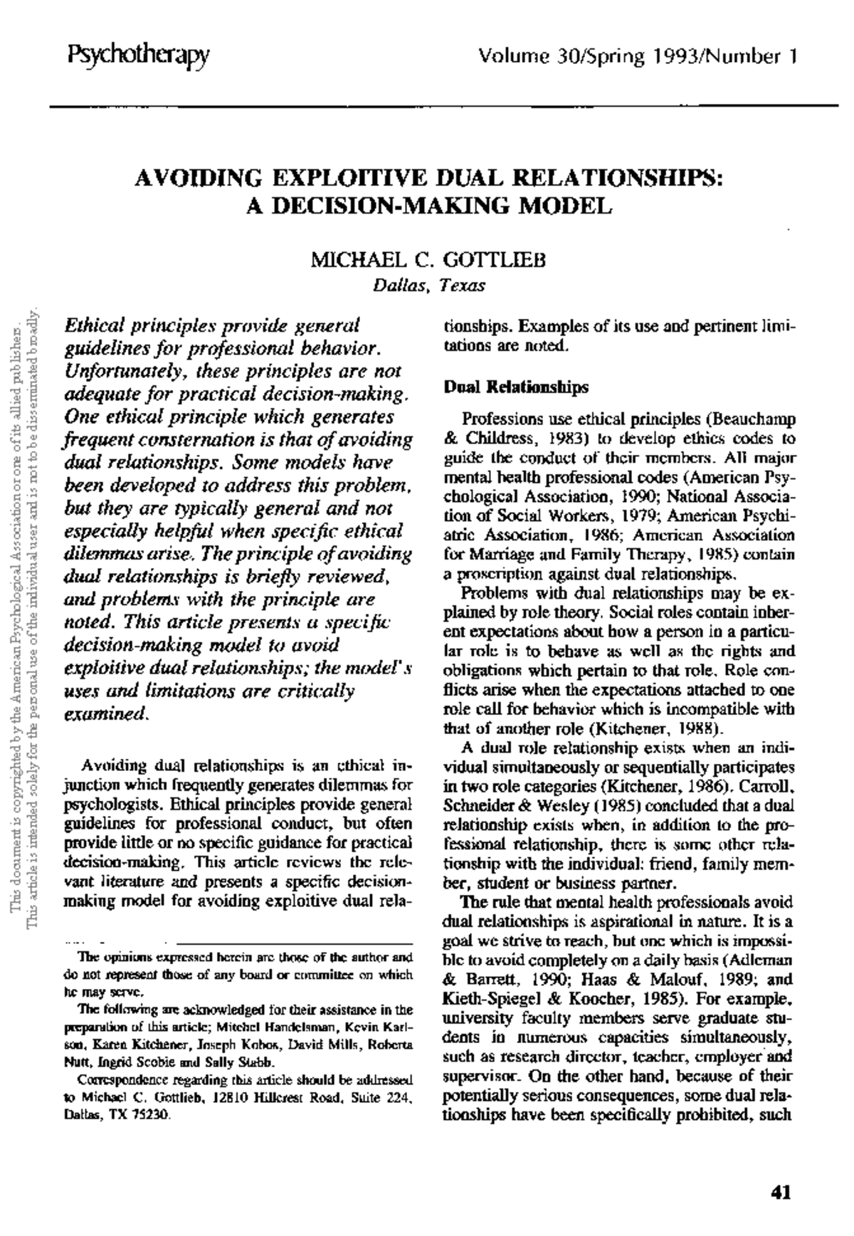 Avoiding Exploitive Dual Relationships in Psychotherapy: A Decision ...