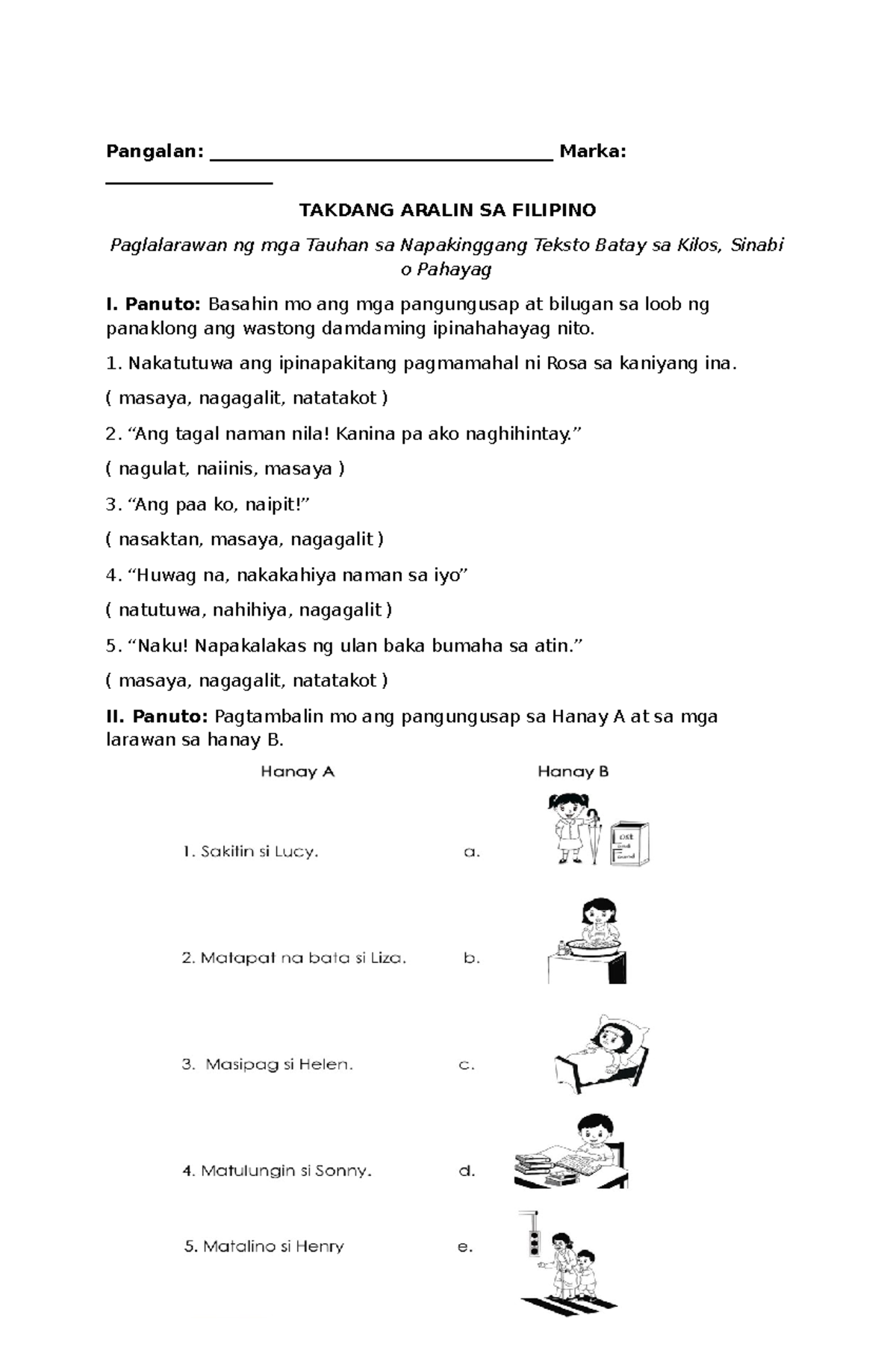 Filipino Assignment - Takdang Aralin sa Damdamin - Studocu
