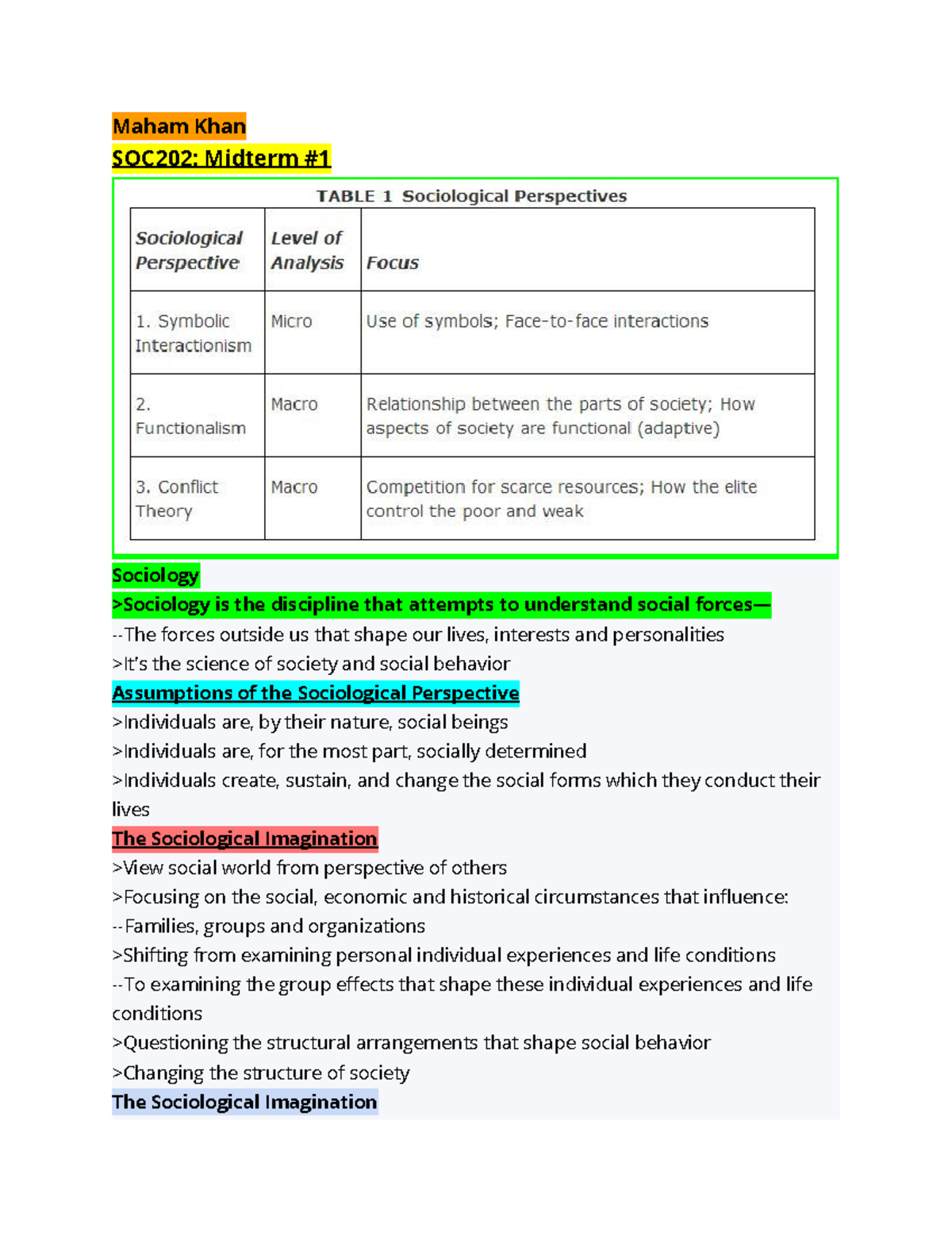 SOC202 Midterm #1 Notes - Maham Khan SOC202: Midterm #1 Sociology ...