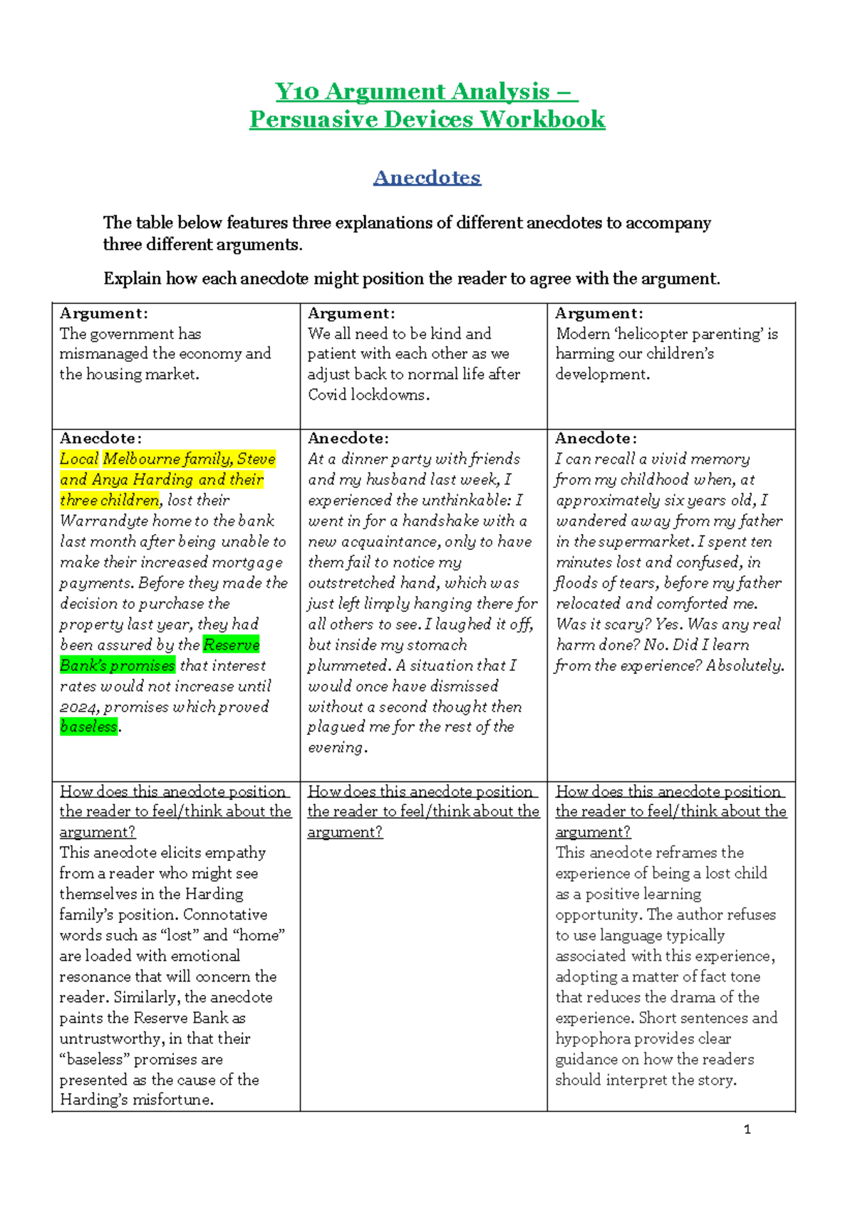 Persuasive Devices Workbook Y10 Argument Analysis and Anecdotes Studocu