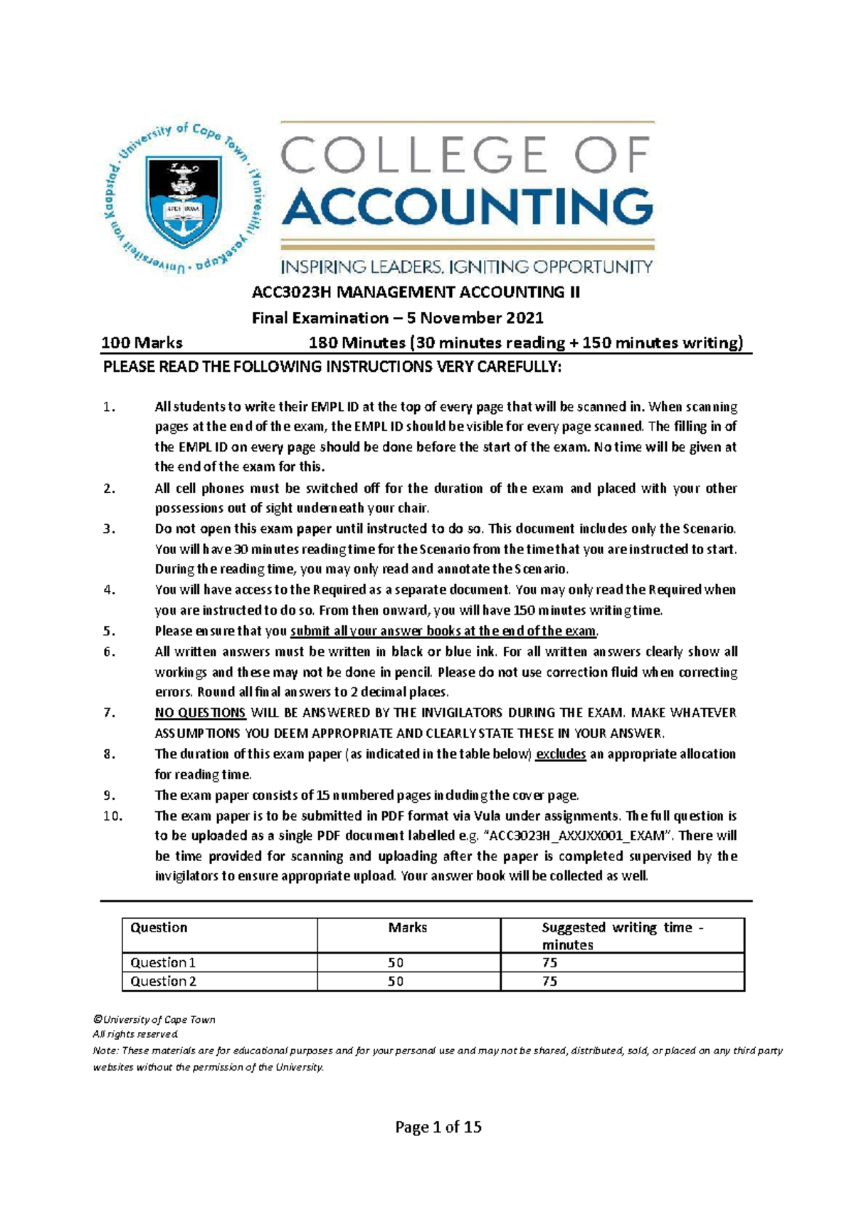 MAN ACC 2021 Final - past paper - ACC3023H MANAGEMENT ACCOUNTING II ...
