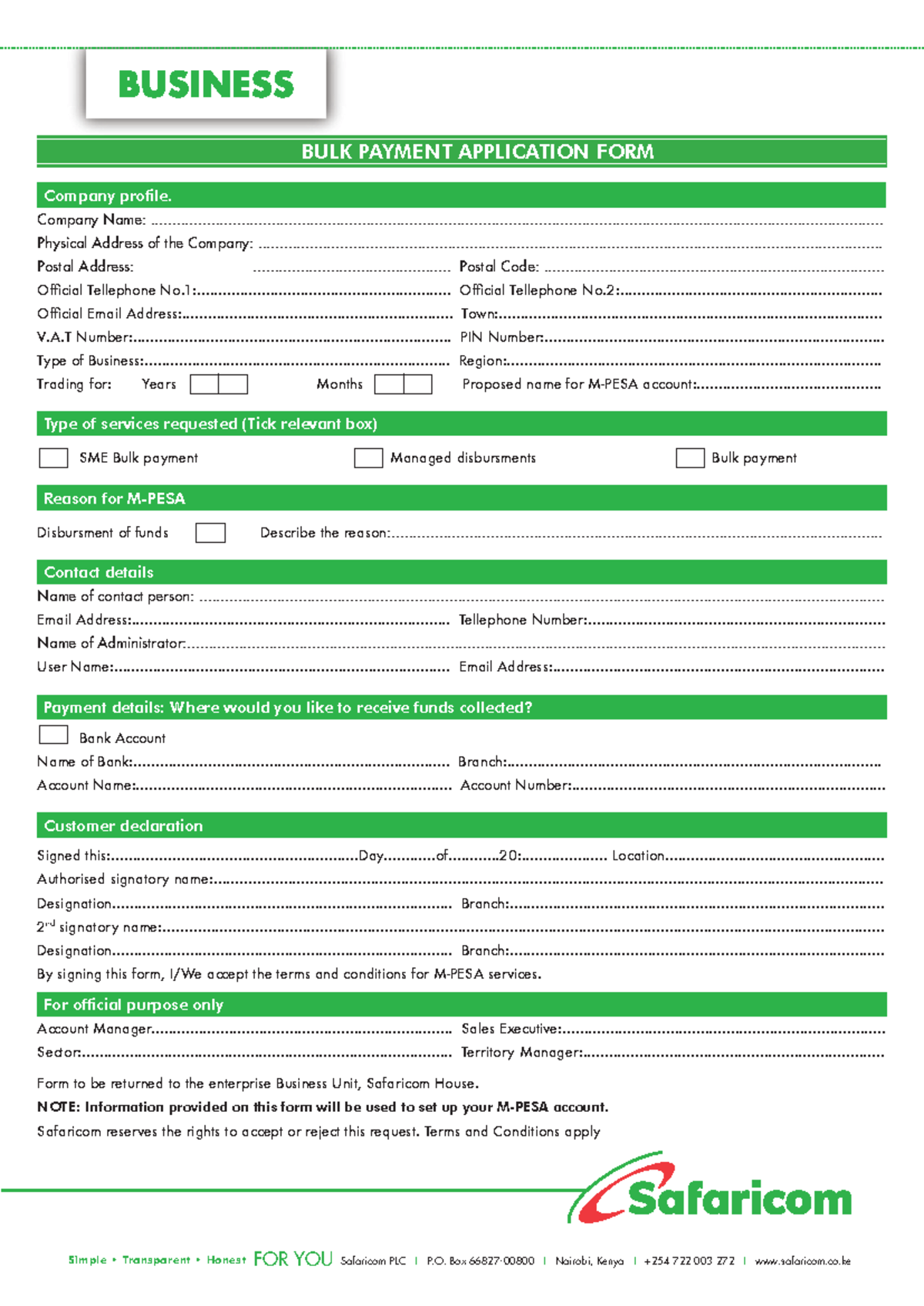 M-PESA Bulk Payment Application Forms & Terms (Safaricom) - Studocu