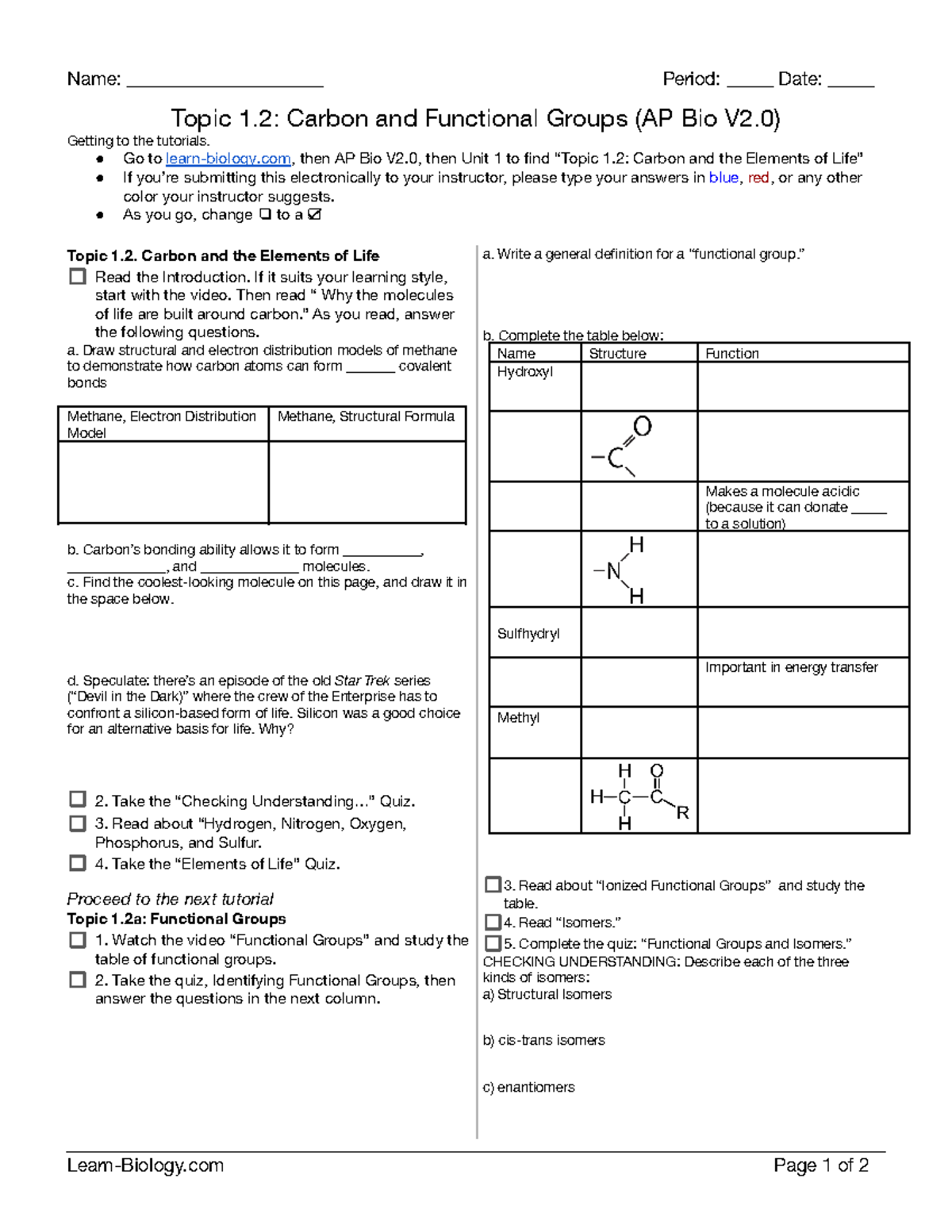 1.1b Carbon and Functional Groups student learning guide (AP Bio V2 ...