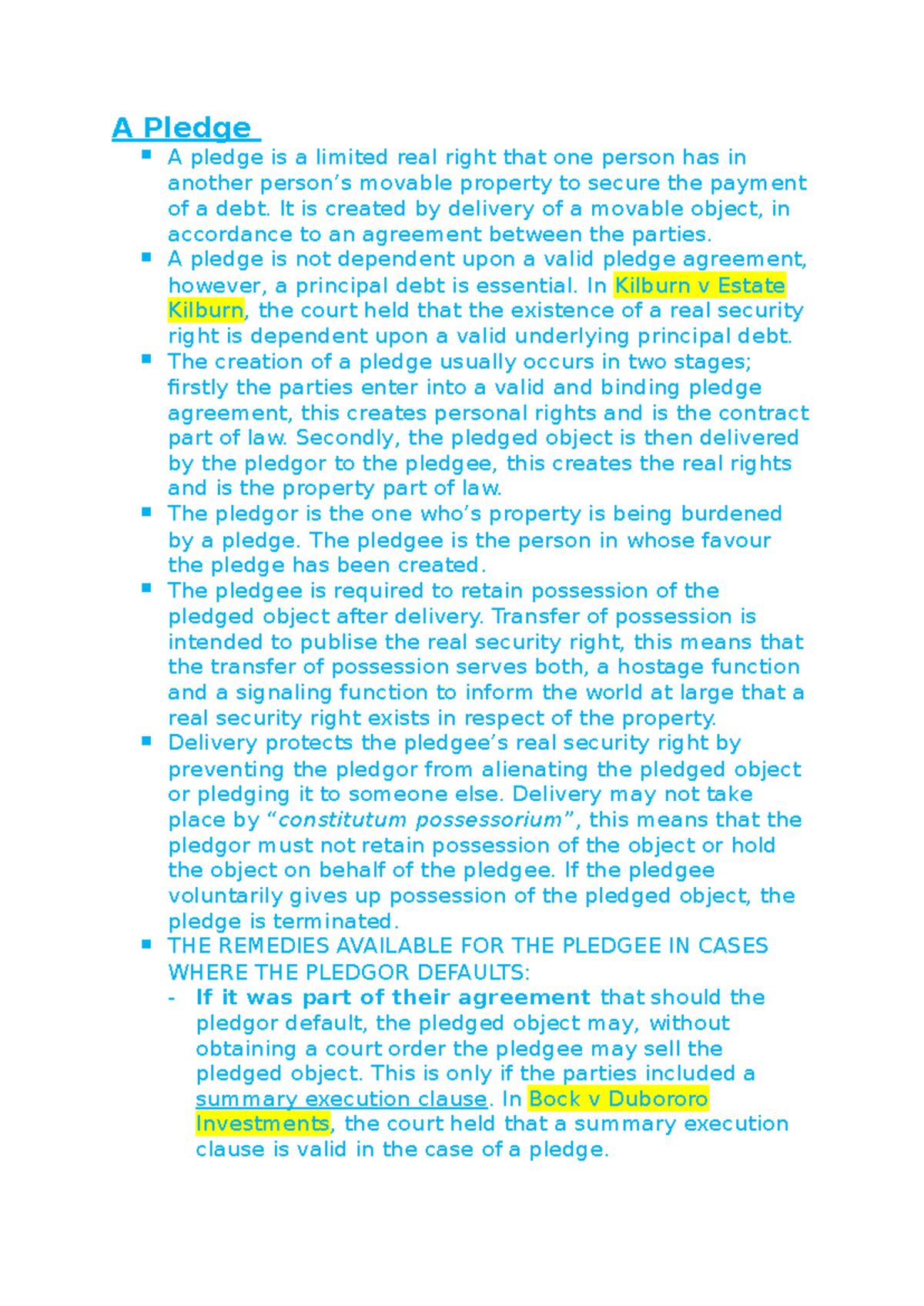 Pledge Law Study Notes - Key Concepts and Case Analysis - Studocu