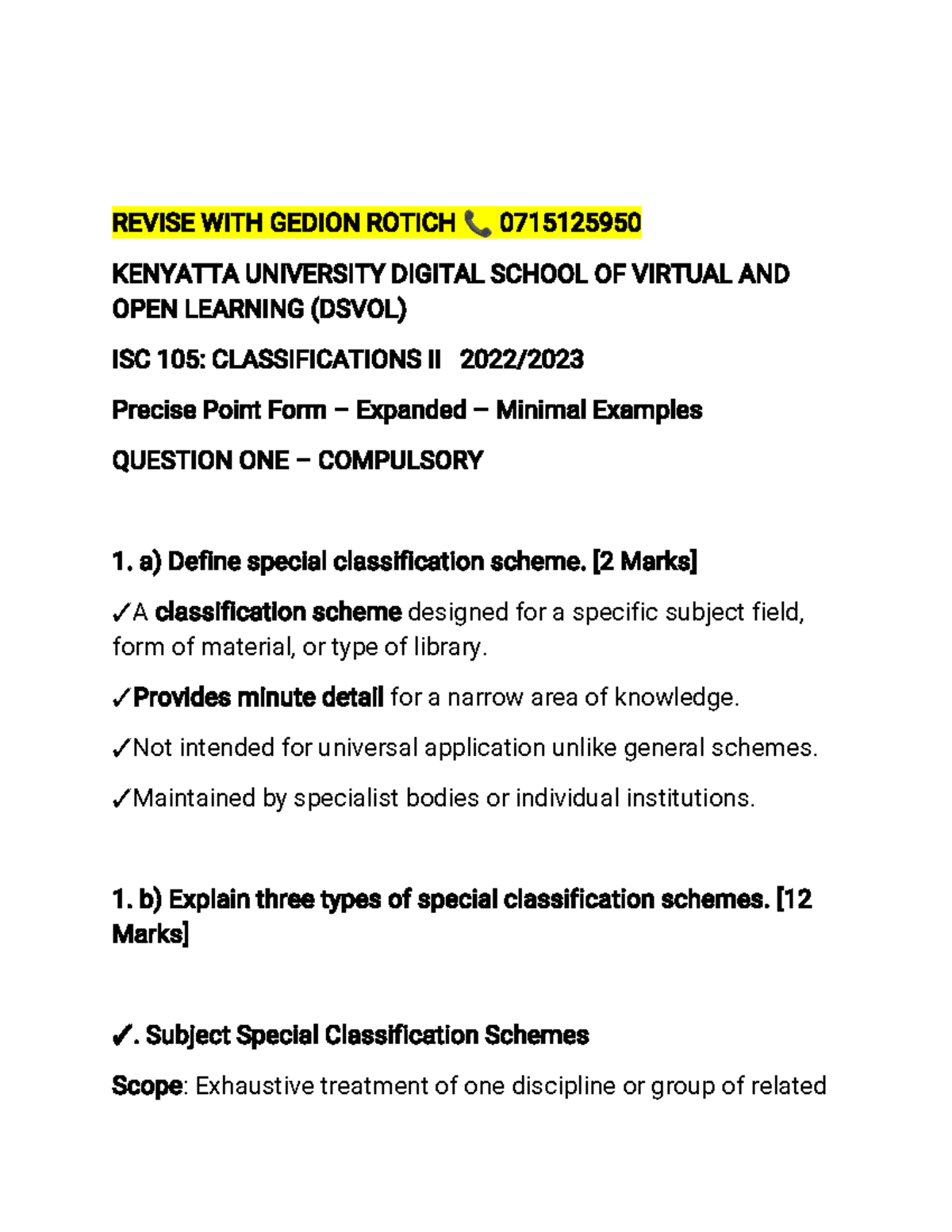 ISC 105: Special Classification Schemes Past Paper with Answers - Studocu