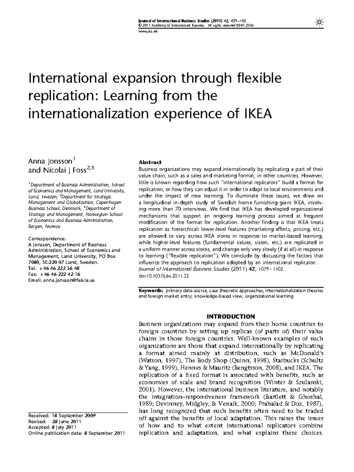 International Expansion through Flexible Replication: The IKEA Case ...