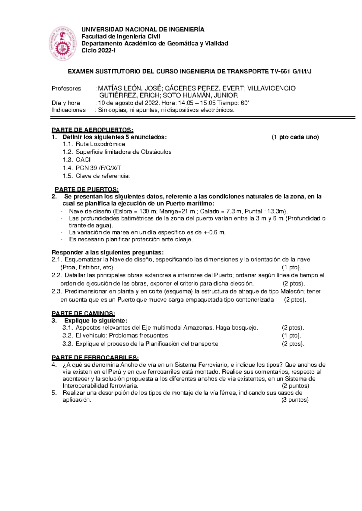 Examen Sustitutorio de Ingeniería de Transporte - TV661-GHIJ 2022-II ...