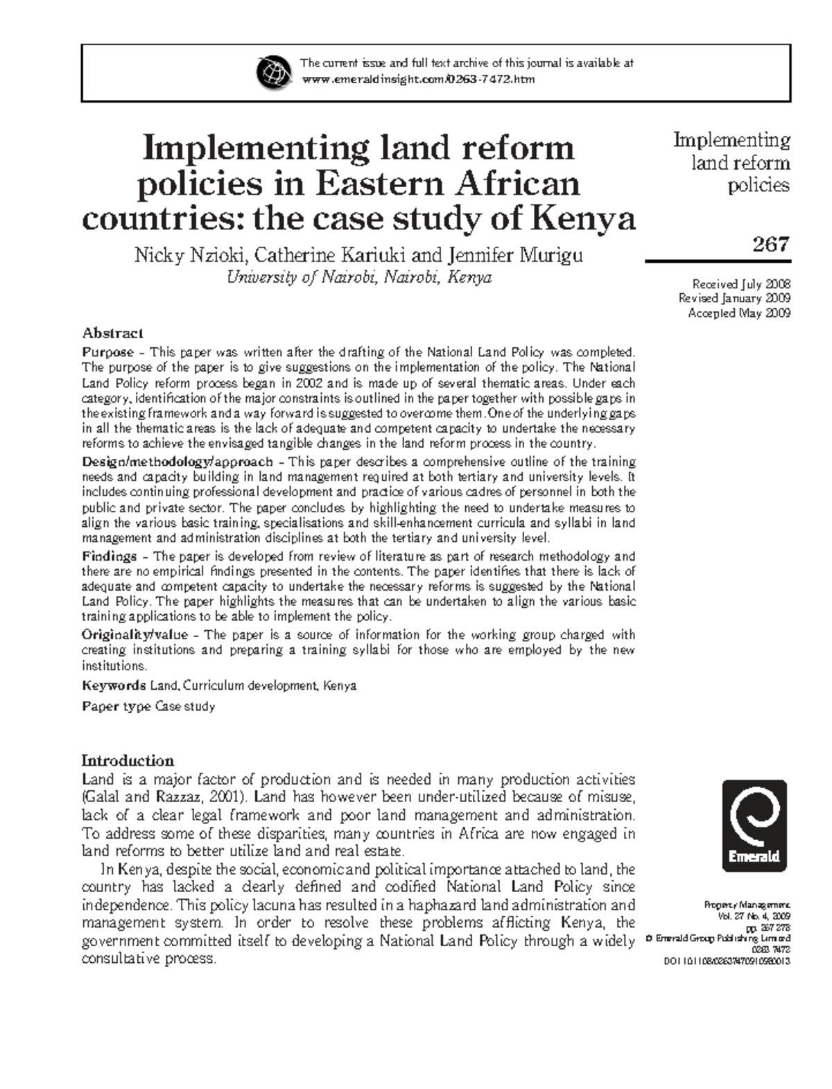 Implementing Land Reform Policies in Kenya: A Case Study Analysis - Studocu