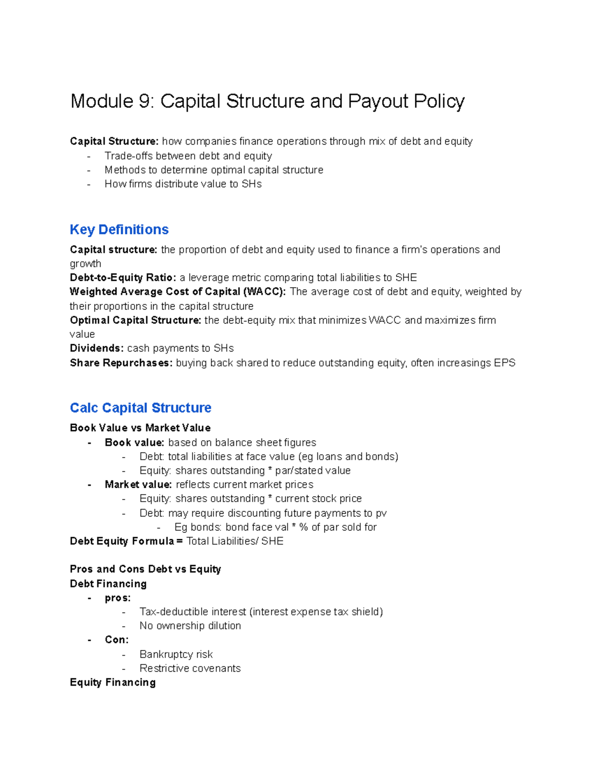 FIN 300 MOD 9 Capital Structure and Payout Policy - Module 9: Capital ...