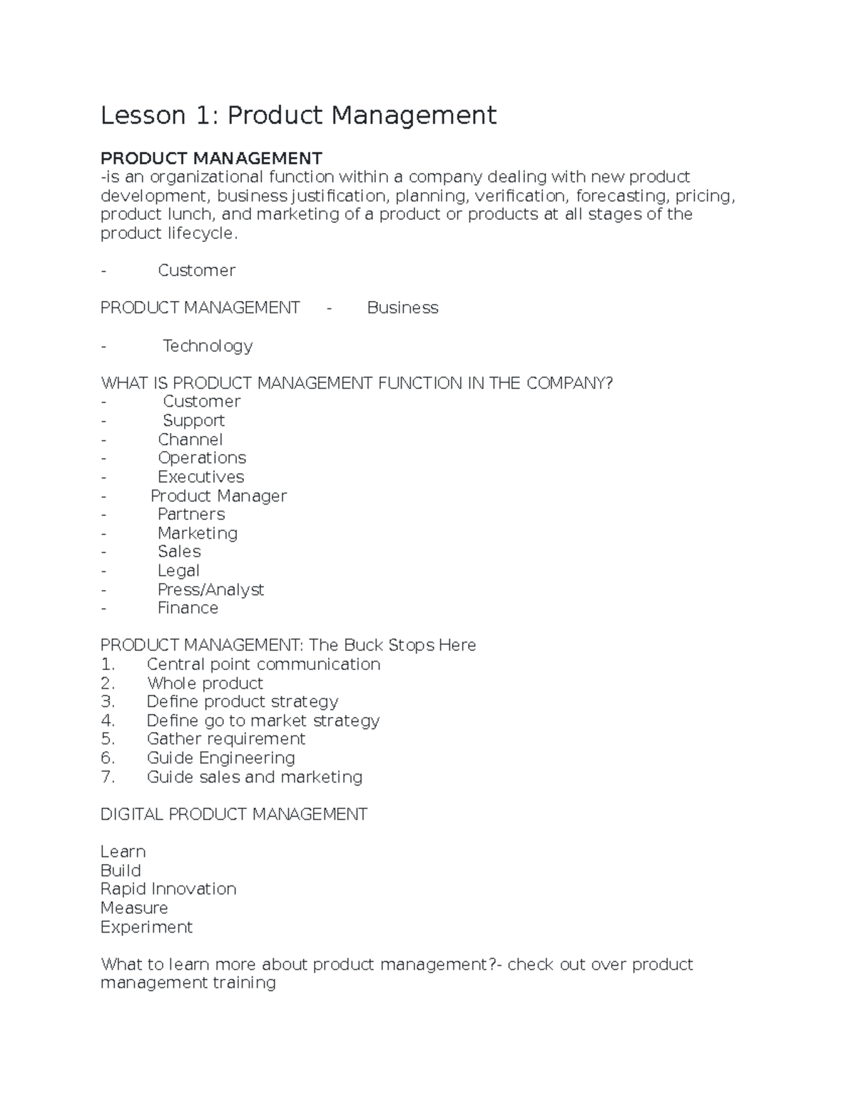 Product Management Essentials - Lesson 1 Lecture Notes - Studocu