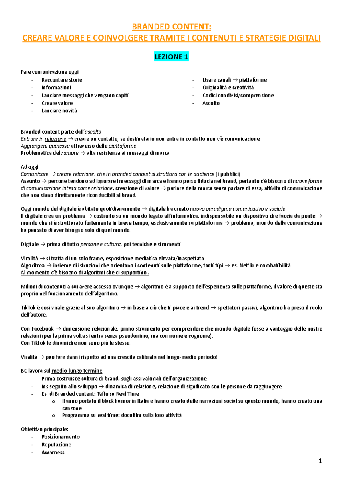 Branded Content: Valore e Relazioni nel Digitale (Lezione 1-4) - Document Preview