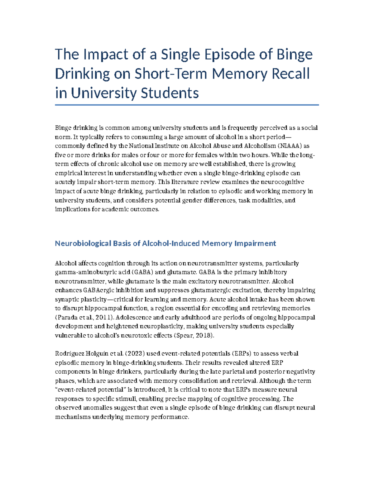 Final Literature Review: Impact of Binge Drinking on Memory Recall in ...