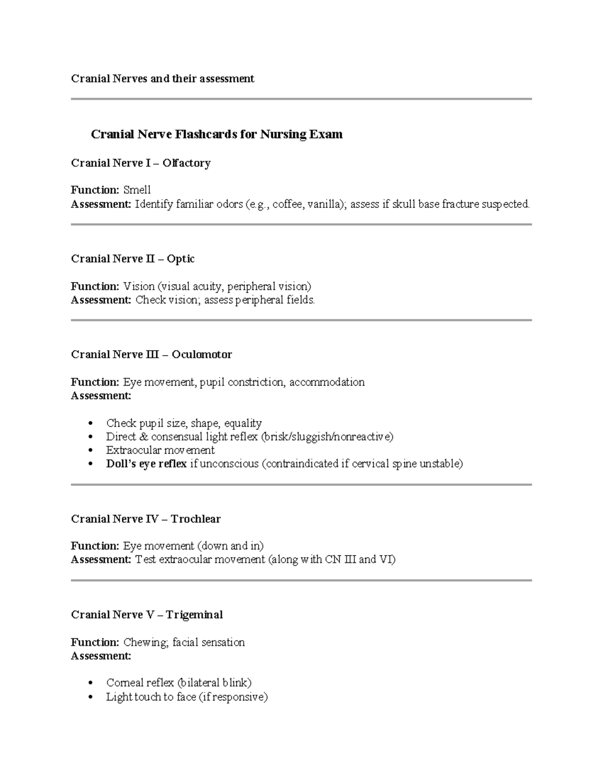 Cranial Nerves Assessment Flashcards for Nursing Exam - Studocu