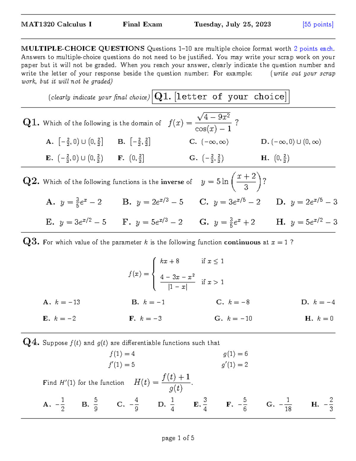 MAT1320 - Calculus I Final Exam Questions & Solutions - Studocu