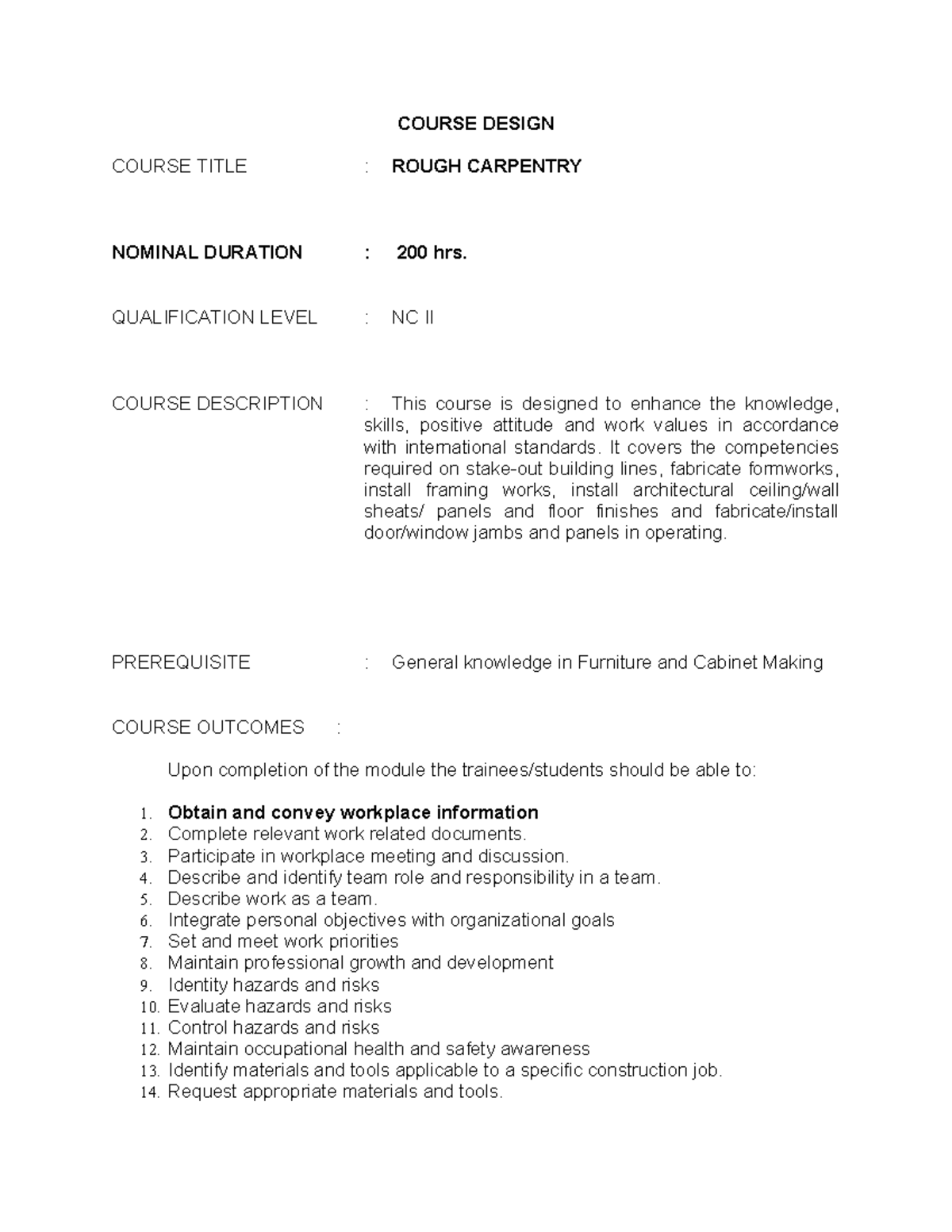 Course Design for Rough Carpentry - NC II Training Module - Studocu