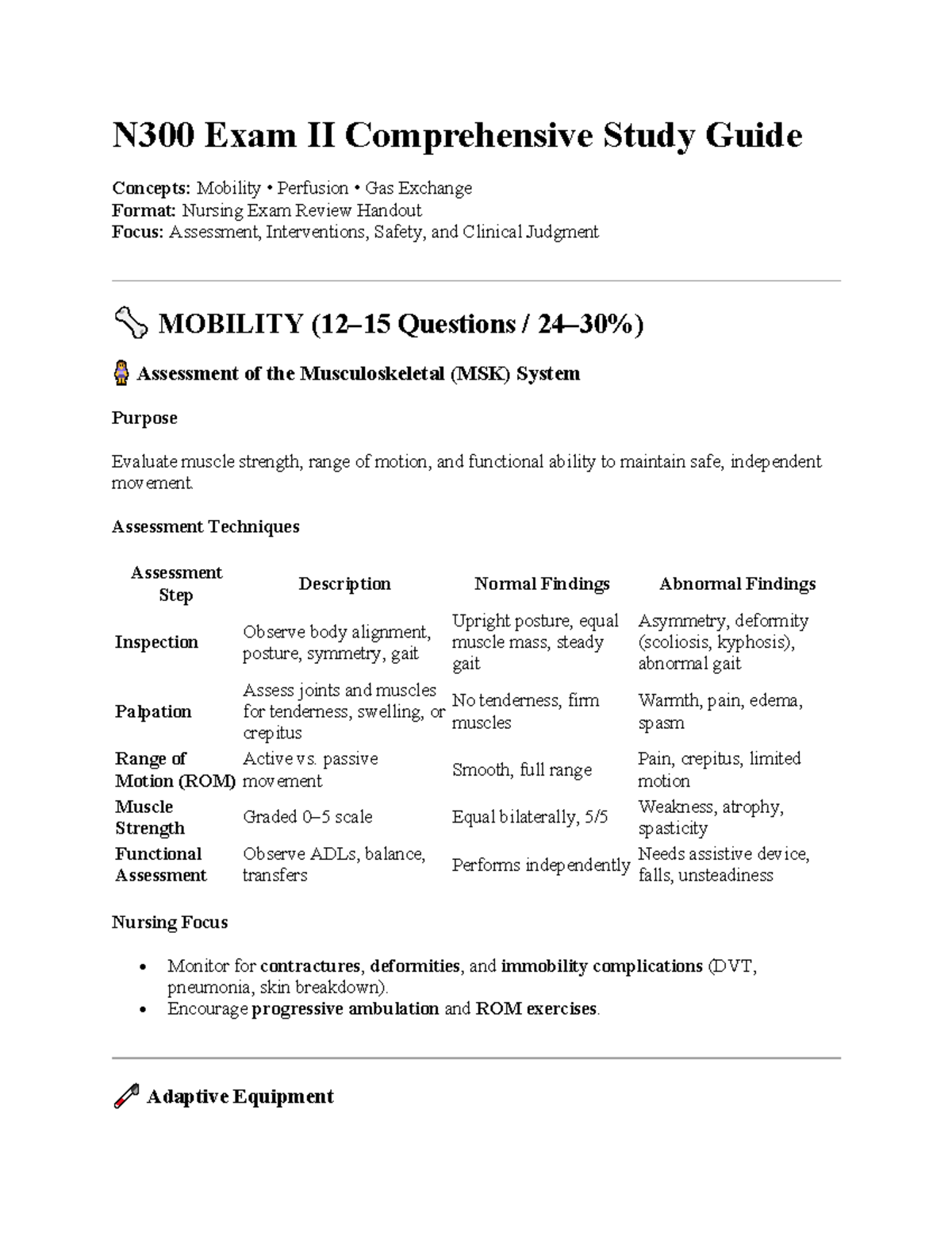 N300 Exam II Comprehensive Study Guide: Mobility, Perfusion & Gas ...